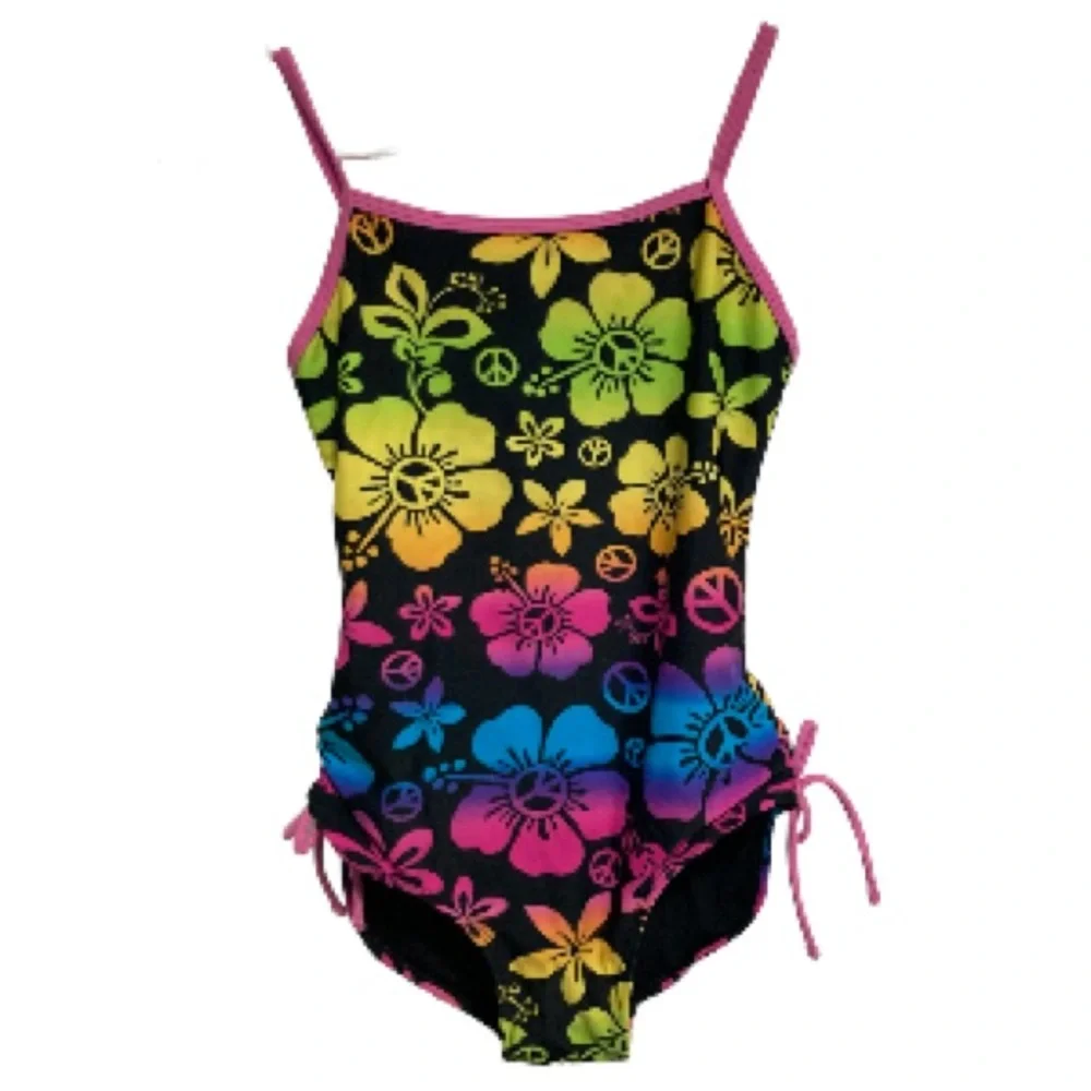 SO One Piece Peace and Flower Power Swimsuit Girls Size 10